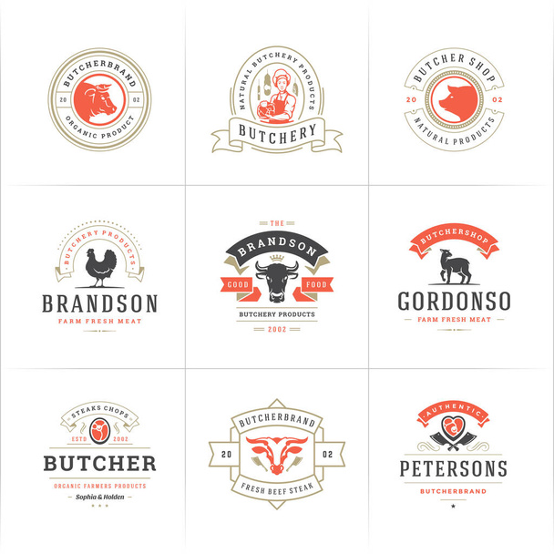 Butcher shop logos set vector illustration good for farm or restaurant badges with animals and meat silhouettes - Vetor, Imagem