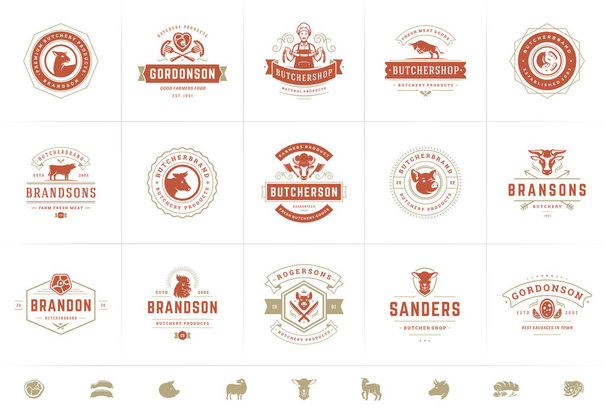 Butcher shop logos set vector illustration good for farm or restaurant badges with animals and meat silhouettes - Vektor, obrázek