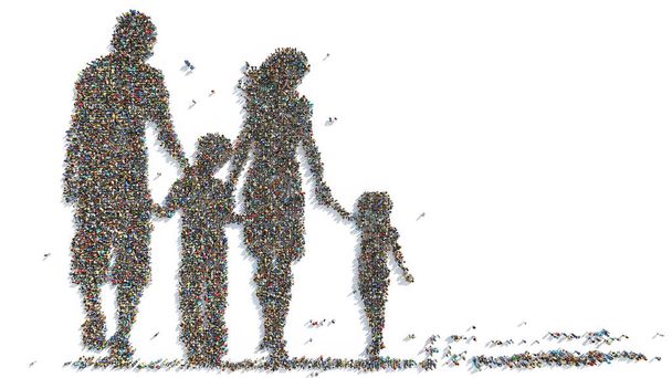 Gruppi di persone che formano la silhouette dei genitori che camminano mano nella mano con i loro figli Rendering 3D - Foto, immagini