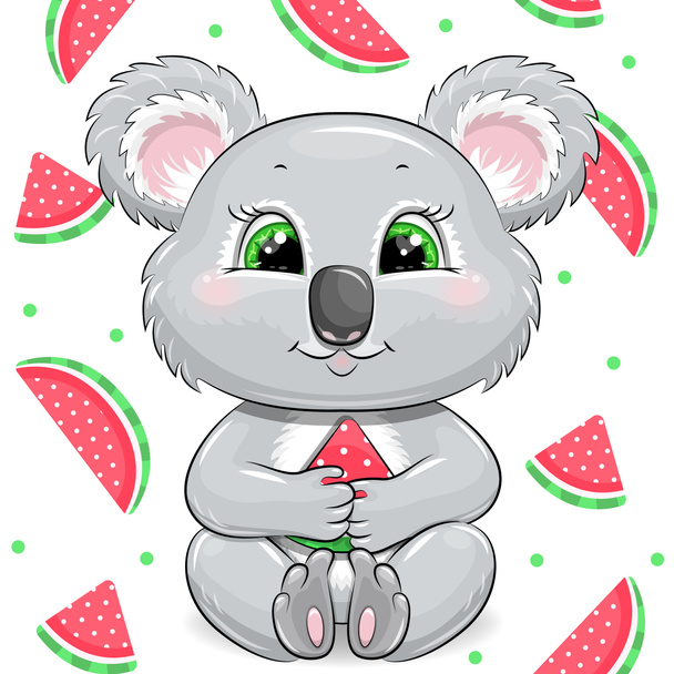 Roztomilý kreslený koala s melounem. Letní vektorová ilustrace na bílém pozadí s dits a melouny. - Fotografie, Obrázek