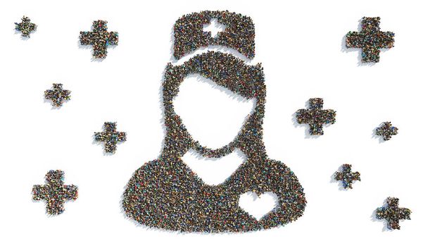 Silhouette infermiera con simboli Croce medica Formata da grandi gruppi di persone 3D Rendering - Foto, immagini