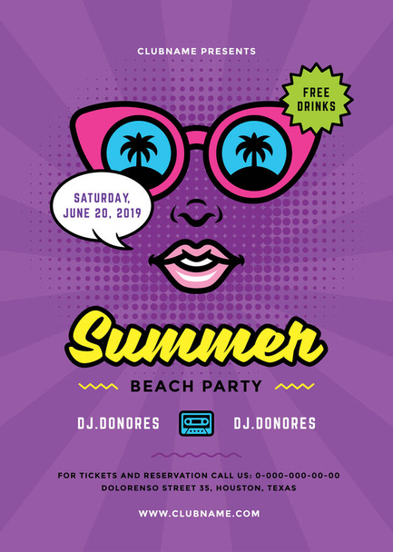 Summer beach party flyer or poster template 90s pop art typography style design - Vettoriali, immagini