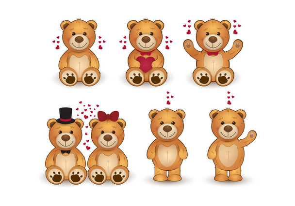 Set of funny cartoon teddy bears in love. - Vector, Image