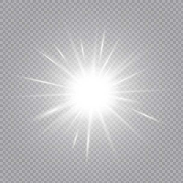 A fehér ragyogó fény átlátszó háttérrel robban fel. Ragyogó mágikus porszemcsék. Fényes Csillag. Átlátszó, ragyogó nap, ragyogó villanás. Ragyogó vektor. A középpontban egy fényes villanás. - Vektor, kép