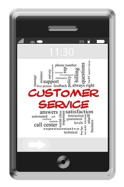 έννοια σύννεφο λέξη υπηρεσία πελατών στο τηλέφωνο οθόνη αφής - Φωτογραφία, εικόνα
