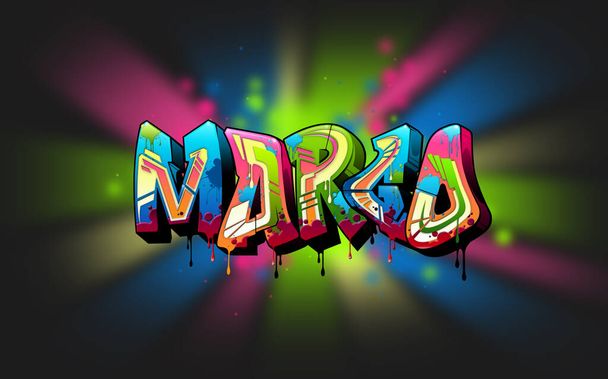 Μάργκο. Ένα δροσερό Graffiti Όνομα εικονογράφηση εμπνευσμένη από γκράφιτι και την τέχνη του δρόμου. Ζωντανά ζωντανά χρώματα, άψογο στυλ, τέλεια ισορροπία. - Φωτογραφία, εικόνα