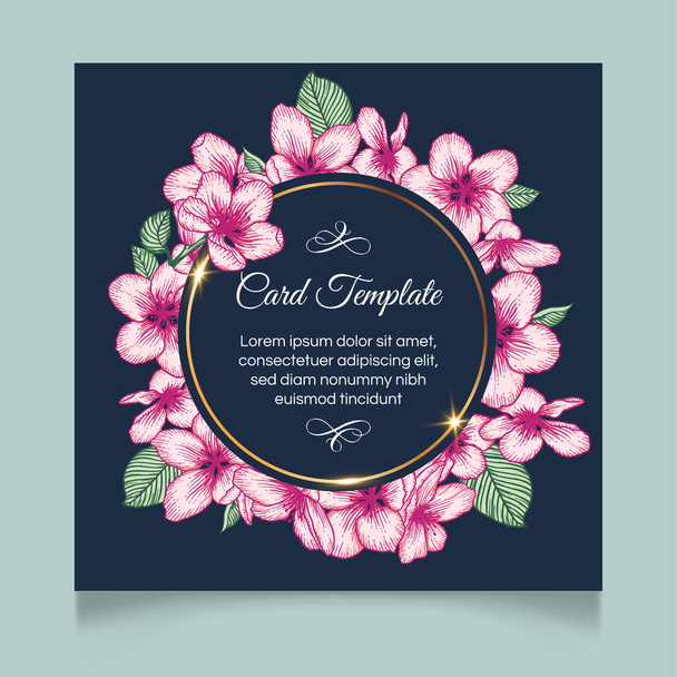 Vector botanical floral wedding invitation. Dark blue elegant card template with pink apple flowers and golden frame. Romantic design for greeting card, annivesary. - Vektör, Görsel