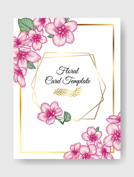 Vector botanical floral wedding invitation elegant card template with pink apple flowers and golden frame. Romantic design for greeting card, natural cosmetics, women products. - Vector, Imagen