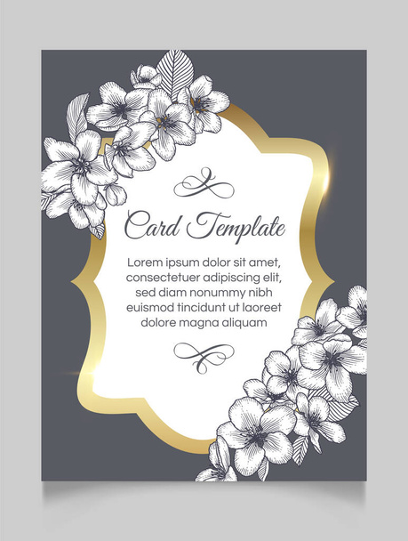 Vector botanical floral wedding invitation elegant card monochrome template. Apple flowers and vintage golden frame. Romantic design for greeting card, natural cosmetics, women products. - Vector, Imagen