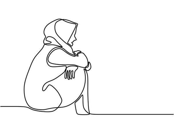 Sad and lonely woman. Muslim girl sitting alone, holding her knee with an empty view. Expression very desperate and anxiety. Seen harboring a lot of sadness. Continuous hand drawn sketch design - Vector, imagen