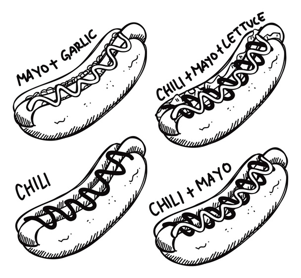 set van hotdog doodle - Vector, afbeelding