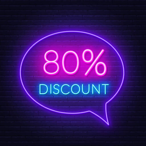80 percent discount neon sign on brick wall background - Vector, Image