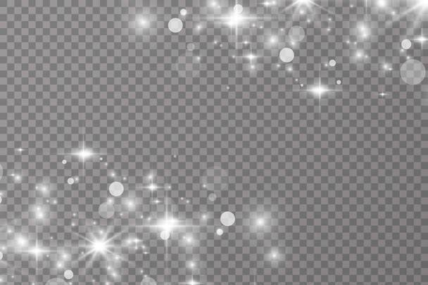 Λευκές σπίθες λάμπουν ειδικό εφέ φωτός. Διάνυσμα λάμπει σε διαφανές φόντο. Χριστουγεννιάτικο αφηρημένο μοτίβο. Λαμπερά μαγικά σωματίδια σκόνης. Φως. Χιόνι - Διάνυσμα, εικόνα
