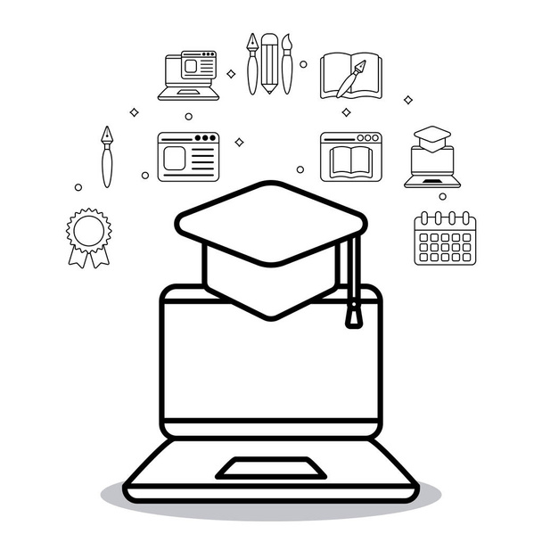 ordinateur portable d'éducation avec chapeau de graduation et conception vectorielle d'ensemble d'icône - Vecteur, image