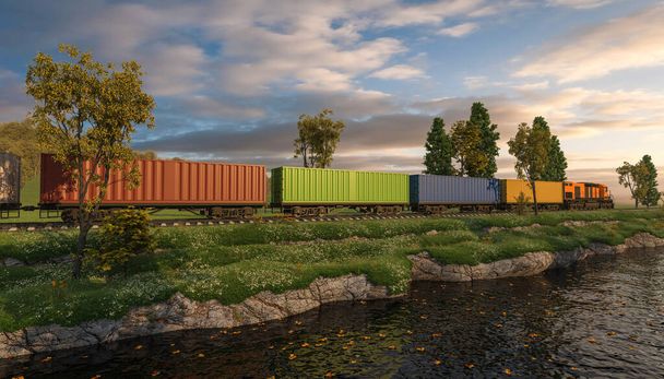 Nákladní vlak s barevnými kontejnery na náklad při západu slunce - Fotografie, Obrázek