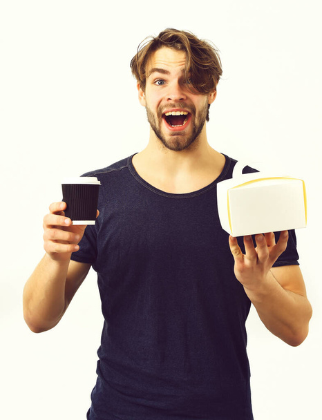 Caucasian sexy young macho holding male box with coffee cup - 写真・画像