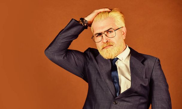 looking good. grooming for formal meeting. male beauty and charisma. professional barber at barbershop. agile business. confident businessman wear glasses. mature man dyed beard and hair - Valokuva, kuva