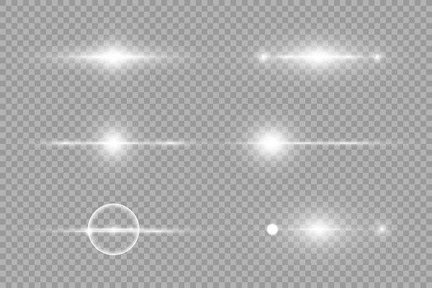 Горизонтальные лучи света, вспышки белых горизонтальных бликов объектива пакет, лазерные лучи, светящиеся белые линии на прозрачном фоне, красивая вспышка света, яркие золотые блики, векторные иллюстрации, EPS 10. - Вектор,изображение