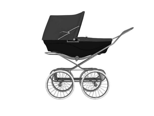 3D rendering zwart baby kinderwagen met stam in zijkant uitzicht witte achtergrond geen schaduw - Foto, afbeelding