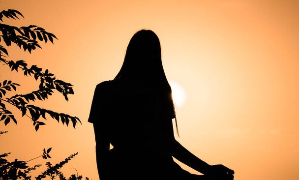 Silhouet van een langharig meisje op een achtergrond van de zomer zonsondergang. - Foto, afbeelding