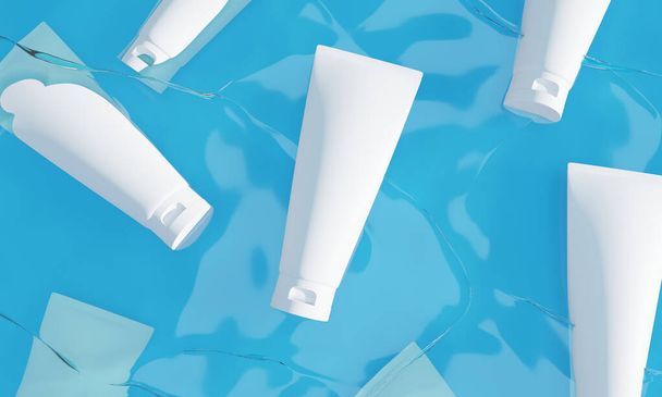 beauty treatment medical skincare cosmetic lotion cream mockup packaging in water wave sea, 3d illustration rendering - 写真・画像