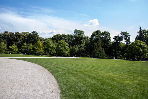 krásná štěrková cesta v parku mezi trávníky a zelenými stromy - Fotografie, Obrázek