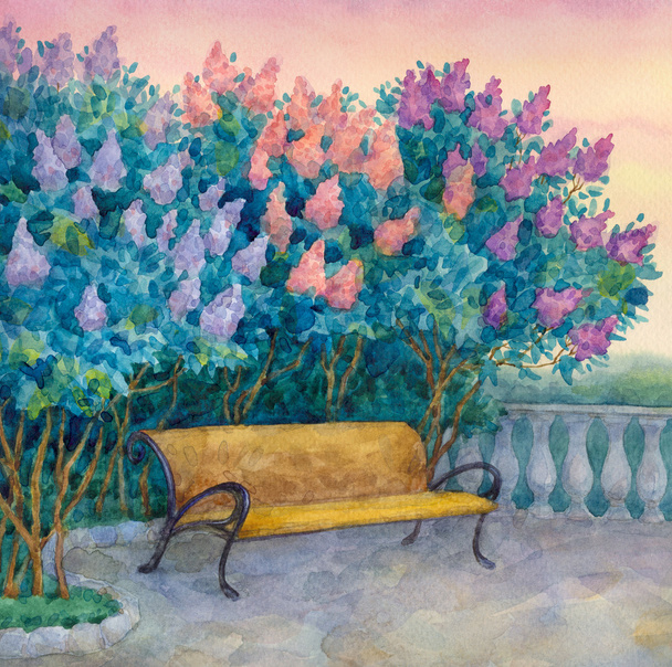 akvarell táj. pad alá egy virágos lila - Fotó, kép