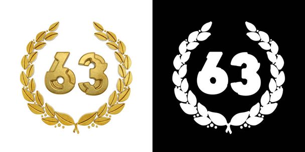 Altın numara 63 (altmış üç) ve alfa kanalı ile defne kolu. 3B illüstrasyon - Fotoğraf, Görsel