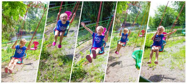 Sommerkonzept. Glückliches Mädchen hat Spaß auf Karussell im Park - Foto, Bild