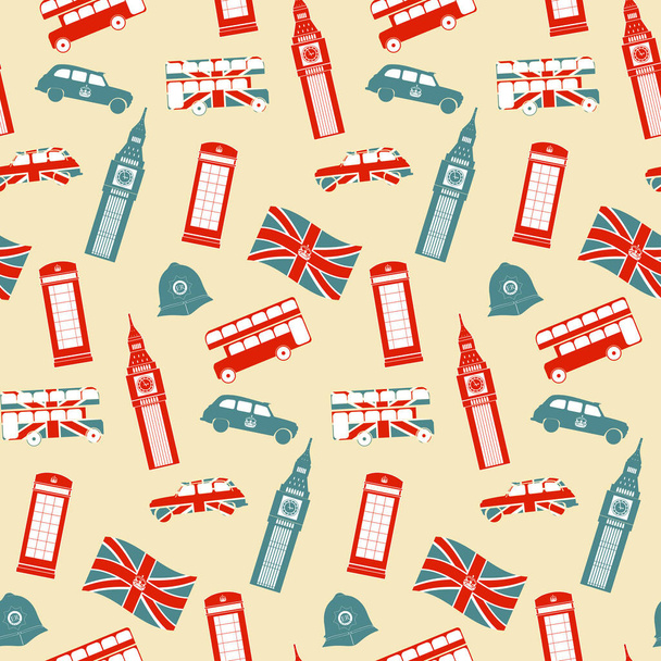 Seamless pattern with London symbols. Illustration for postcards, textiles, packaging, covers. Flat graphic design. Vector background. - Vector, Image