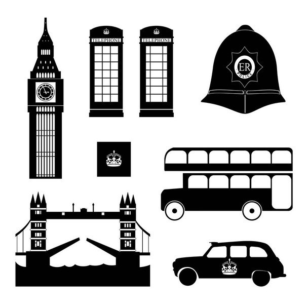 Flat UK, Londres conjunto silhueta objeto de viagem. silhueta web ilustração vetorial em estilo linha fina isolada sobre fundo branco
.  - Vetor, Imagem