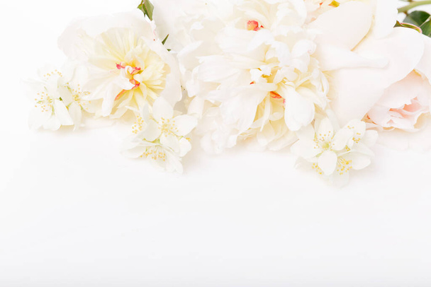 Stendardo romantico, delicati fiori di peonie bianche primo piano. Petali rosa profumati - Foto, immagini