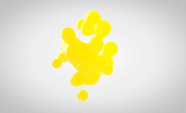 Gelber Plastikmetaball in 3D. Kleine Tropfen werden von der Flüssigkeitskugel getrennt und auf weißem Hintergrund miteinander verbunden. Flüssiges Molekül zerfällt im 3D-Render. - Foto, Bild