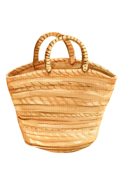 Conjunto de jarrones, cestas, bolsas de paja, hojas, plantas en una cesta sobre un fondo blanco, ilustración acuarela
  - Foto, imagen