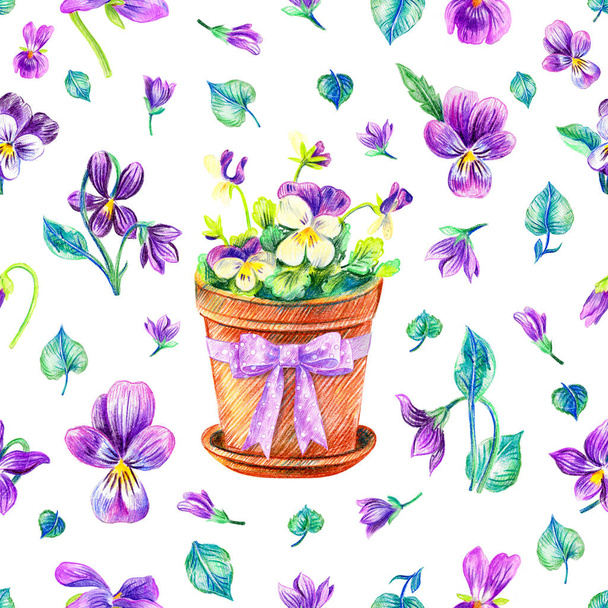 Violets in a pot with a purple polka dot bow. Seamless pattern. Pencil sketch. - Fotó, kép