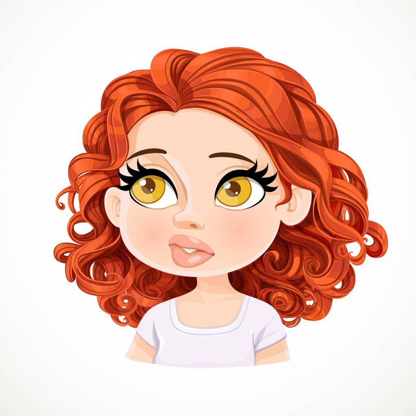 Beautiful bewildered cartoon brunette girl with dark red hair portrait isolated on white background - Vetor, Imagem