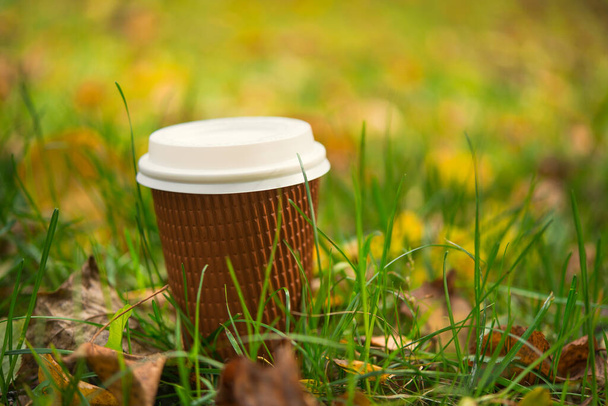 Paper coffee cup in a green grass with yellow leaves, cold autumn weather background - Foto, Imagem