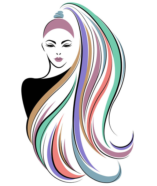 femme longue icône de style de cheveux, logo femmes visage sur fond blanc - Vecteur, image