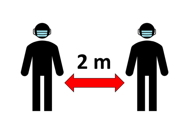 2020 Coronavirus salgını sırasında Covid-19 salgınını önlemek için iki kişi arasındaki mesafenin sembolü (2 metre). Yüz maskesi takmak zorunludur, zorunludur. Sosyal uzaklık örneği, uyarı işareti. - Fotoğraf, Görsel