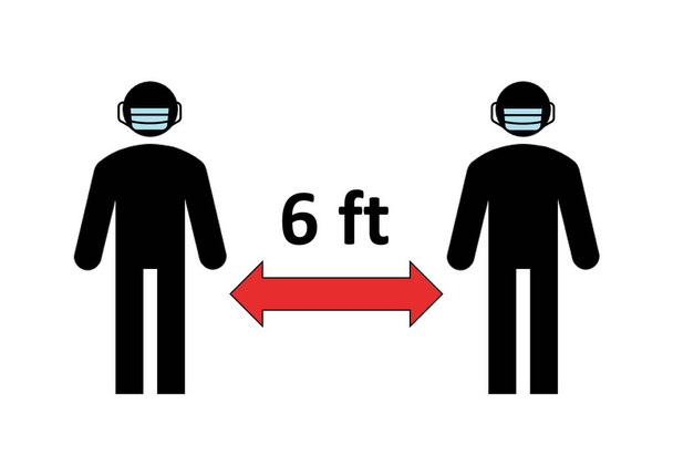 2020 Coronavirus salgını sırasında Covid-19 salgınını önlemek için iki kişi arasındaki mesafenin sembolü (6 feet). Yüz maskesi takmak zorunludur, zorunludur. Sosyal uzaklık örneği, uyarı işareti. - Fotoğraf, Görsel