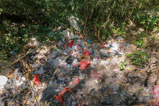 Plastik atık. Ormandaki çöp yığını. Çevre ormanındaki çöpler. Doğa Ekolojisini ve kirliliği koru. - Fotoğraf, Görsel