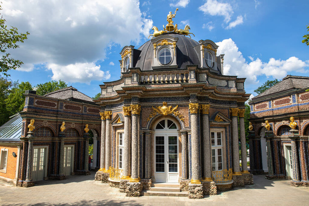Beautiful view of the Sun Temple of the New Palace of Eremitage, with blue sky and clouds, Bayreuth, Bavaria, Germany - Photo, Image