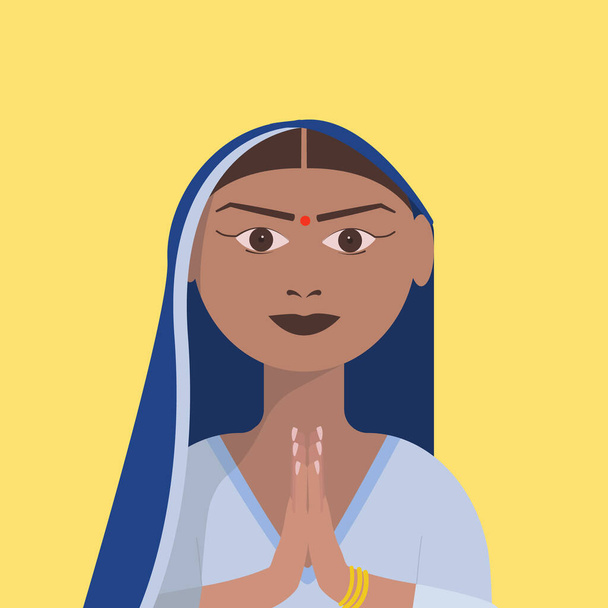 An Indian woman in a blue Sari with a talaq on her forehead. Vector illustration of an Indian woman with her hands folded in greeting. - Вектор, зображення