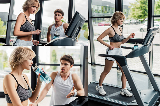 collage de bel homme regardant fille courir sur tapis roulant dans la salle de gym  - Photo, image
