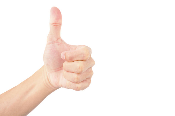 hand van de mens tonen grote gebaar door duim omhoog met oogvinger gezamenlijke geïsoleerd op witte achtergrond - Foto, afbeelding