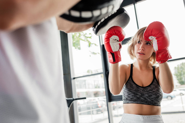 foyer sélectif de la femme sportive dans les gants de boxe exercice avec l'homme dans les coussinets de boxe  - Photo, image