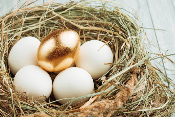 Ένα χρυσό και πολλά συνηθισμένα αυγά στη φωλιά με τα άχυρα. - Φωτογραφία, εικόνα