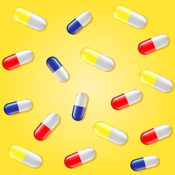   Medicine colorful pills seamless pattern. Yellow background. - Vektor, kép
