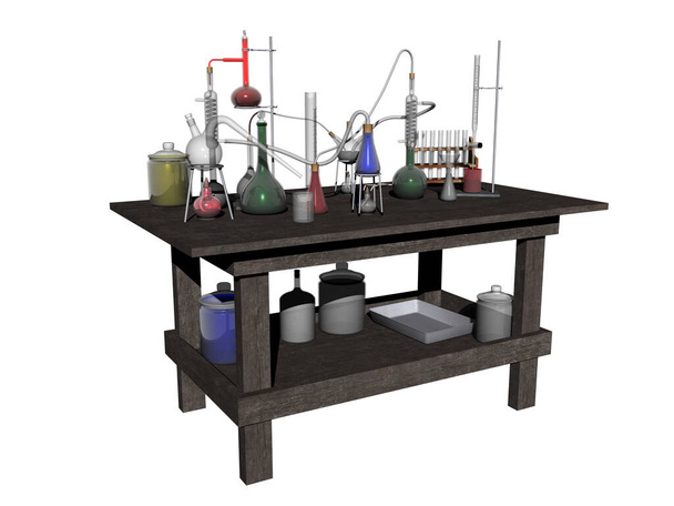 Τραπέζι εργαστηρίου με πολλά γυαλιά και χημικές ουσίες - Φωτογραφία, εικόνα
