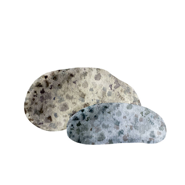Two natural stone watercolor illustration. Pair of textured pebbles image. Hand drawn group of grey stones. Solid pebble isolated on white background - Photo, Image